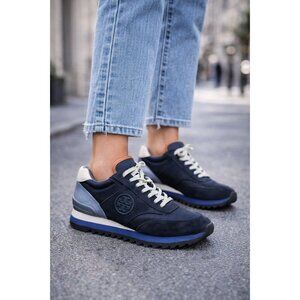 Tory Burch Navy Suede Mesh Sneakers Women’s 9.5 Suede Textile Upper Logo Trainer